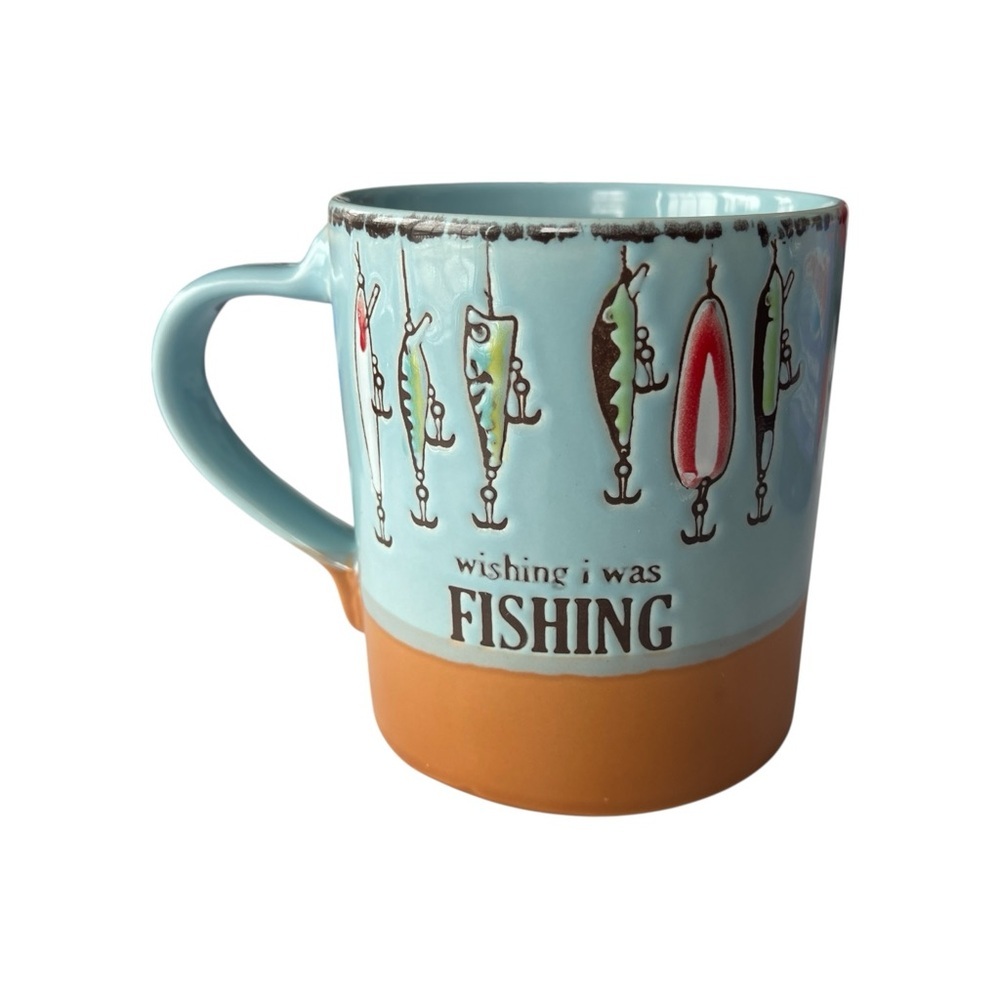 Wishing I Was Fishing Mug 18 oz Ceramic Coffee Cup Hooks Lures Spinner - Picture 6 of 7